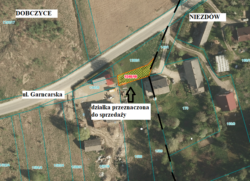Lokalizacja działki 1345/10 w Dobczycach, przeznaczonej do sprzedaży.