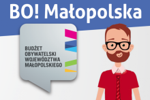 Grafika promująca głosowanie w BO Małopolska z logo budżetu obywatelskiego i ilustracją mężczyzny.