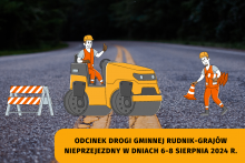 droga na której stoi maszyna budowlana obok robotnicy układają słupki blokujące wjazd