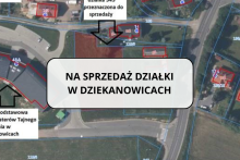 na środku grafiki biały prostokąt z napisem na sprzedaż działki w Dziekanowicach w tle mapa z zaznaczonymi działkami przeznaczonymi do sprzedaży
