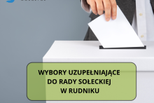 dłoń wrzucająca kartkę do urny na dole napis na zielonym prostokącie Wybory uzupełniające do Rady Sołeckiej w Rudniku  