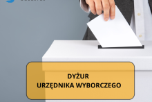 dłoń wrzucająca kartkę do urny na dole napis na pomarańczowym prostokącie dyżur urzednika wyborczegojące do Rady Sołeckiej w Rudniku