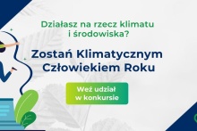 Plakat promujący konkurs " Klimatyczny Człowiek Roku", na którym jest grafika kobiety z pucharem w ręku