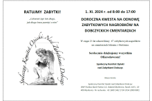 plakat biały z czarnymi napisami informujący o dorocznej zbiórce na cele odnowy zabytkowych nagrobków, po lewes stronie aniołek po prawej tekst