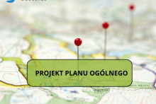 mapa do które wbite są szpilki wytyczające jakąś linię w olnej zęści grafiki zielony prostokąt w którym jest napi projekt planu ogólnego