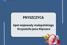 na niebieskim tle w środku biały prostokąt z napisem Pryszczyca apel wojewody małopolskiego Krzysztofa Jana Klęczara, w prawym dolnym rogu prostokąta megafon