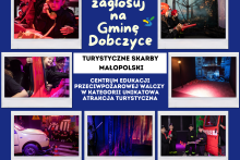 na granatowym tle wokoło kafelki ze zdjęciami Centrum Edukacji Przeciwpożarowej w Dobczycach, na śodku naois zagłosuj na Gminę Dobczyce i informacja że CEP walczy w konkursie Turystyczne Skarby Małopolski