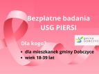 na różowym tle różowa wstążka i biały napis bezpłatne badania USG piersi poniżej tekst informujący dla kogo badania są przeznaczone po prawej stronie na środku logo gminy