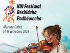 niebieskie tło na nim dziewczyna ze skrzypcami w rękach napis XIII Festiwal Beskidzka Podkoweczka  i Mszna Dolna 14-15 września 2024