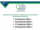u góry grafika z logo ZUS poniżej tekst zapraszamy do skorzystania z telefonicznych porad ekspertów krakowskiego Oddziału ZUS, poniżej wypunktowane terminy dyżurów telefonicznych