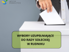 dłoń wrzucająca kartkę do urny na dole napis na zielonym prostokącie Wybory uzupełniające do Rady Sołeckiej w Rudniku  
