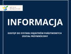 Na granatowym tle pośrodku duży napis informacja a poniżej mniejszy napis dostęp do Systemu Rejestrów Państwowych został przywrócony
