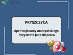 na niebieskim tle w środku biały prostokąt z napisem Pryszczyca apel wojewody małopolskiego Krzysztofa Jana Klęczara, w prawym dolnym rogu prostokąta megafon
