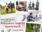 grafika zawiera ułożone nieregularnie zdjęcia z różnymi aktywnościami sportowymi, w lewym dolnym roku napis Ognisko TKKF Dobczyce przedstawia kalendarz imprez sportowych na rok 2024 