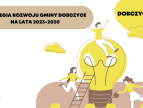 napis Stretegia Rozwoju Gminy Dobczyce 2023 - 2030, ludzie i żarówka