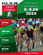 plakat promujący wydarzenie Majka Gran Fondo z lewej strony i u góry informacje o wydarzeniu z prawej dolnej zdjęcie jadących kolarzyprawej informacje o wydarzeniu