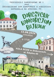 plakat informujący o teminie i miejscu spektaklu, grafika przedstawia krętą drogę z charakterystycznymi punktami zamek, budynek przedszkola, kozę, budynek Środowiskowego Domu Samopomocy 