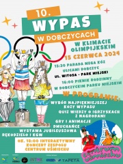 plakat informujący o 10. Dobczyckim wypasie z lewej strony kózki trzymają olimpijskie koła, w prawym dolnym rogu zdjęcie grupy Centrum Uśmiechu 
