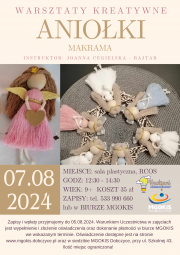 plakat informujący o warsztatach z grafiką aniołków wykonanych w formie makramy 