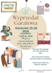 Plakat wyprzedaży garażowej w Niezdowie: 25–26 kwietnia 2026, godz. 11:00–16:00, teren zielony przy dworku (Niezdów 7). W ofercie m.in. ubrania, zabawki, książki i bibeloty. Na grafice ilustracje ubrań, mebli i dekoracji.