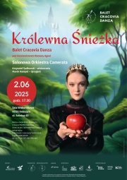 Plakat przedstawiający królewnę trzymającą w dłoniach jabłko, oraz tancerzy w tle.