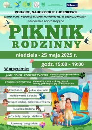 Plakat promujący Rodzinny Piknik, który odbędzie się 25 maja, w niedzielę od godziny 15:00 do 19:00 na terenie przy Szkole Podstawowej w Brzączowicach.