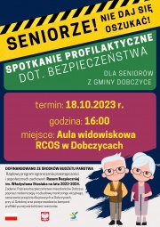 Kolorowy plakat z parą starszego małżeństwa, trzymający laski w ręku.