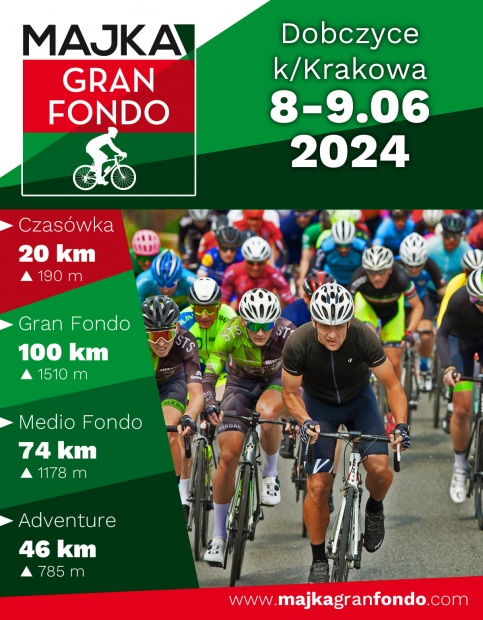 plakat promujący wydarzenie Majka Gran Fondo z lewej strony i u góry informacje o wydarzeniu z prawej dolnej zdjęcie jadących kolarzyprawej informacje o wydarzeniu