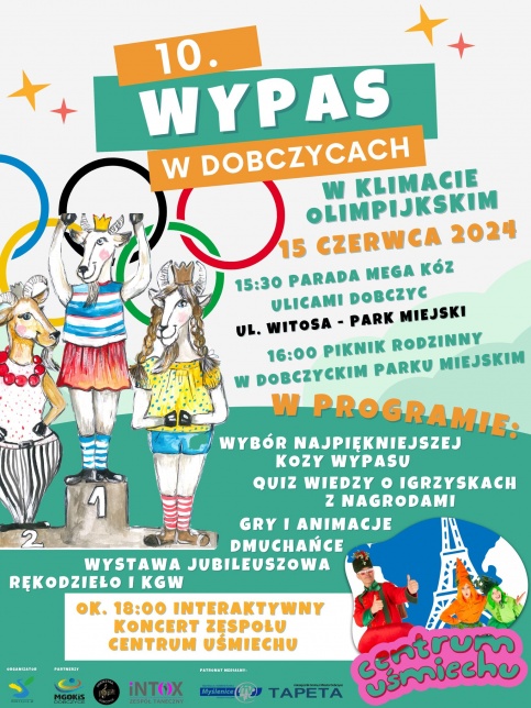 plakat informujący o 10. Dobczyckim wypasie z lewej strony kózki trzymają olimpijskie koła, w prawym dolnym rogu zdjęcie grupy Centrum Uśmiechu 