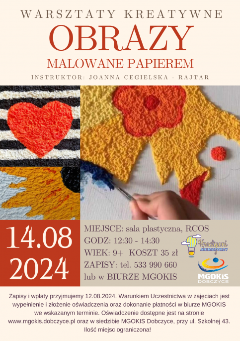 plakat informujący o warsztatach w tle grafika przedstawiająca obraz namalowany papierem