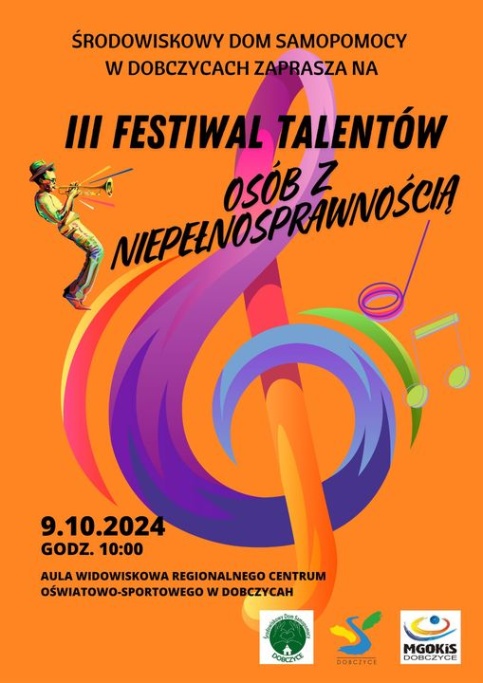 pomarańczowy plakat, nutka wielobarwna i informacje czarnym tekstem