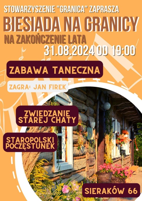 Plakat BIESIADA NA GRANICY NA ZAKOŃCZENIE LATA w kolorach pomarańczowym i brązowym, widoczna część starej chaty drewnianej z jesiennymi dekoracjami