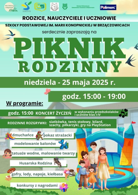 Plakat promujący Rodzinny Piknik, który odbędzie się 25 maja, w niedzielę od godziny 15:00 do 19:00 na terenie przy Szkole Podstawowej w Brzączowicach.