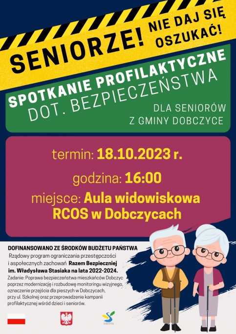 Kolorowy plakat z parą starszego małżeństwa, trzymający laski w ręku.
